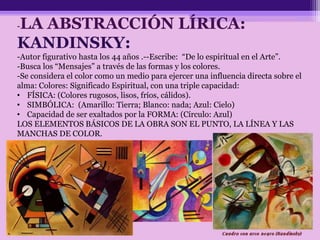 -LA ABSTRACCIÓN LÍRICA:
KANDINSKY:
-Autor figurativo hasta los 44 años .--Escribe: “De lo espiritual en el Arte”.
-Busca los “Mensajes” a través de las formas y los colores.
-Se considera el color como un medio para ejercer una influencia directa sobre el
alma: Colores: Significado Espiritual, con una triple capacidad:
• FÍSICA: (Colores rugosos, lisos, fríos, cálidos).
• SIMBÓLICA: (Amarillo: Tierra; Blanco: nada; Azul: Cielo)
• Capacidad de ser exaltados por la FORMA: (Círculo: Azul)
LOS ELEMENTOS BÁSICOS DE LA OBRA SON EL PUNTO, LA LÍNEA Y LAS
MANCHAS DE COLOR.
 