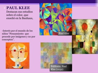 • PAUL KLEE
Destacan sus estudios
sobre el color, que
enseñó en la Bauhaus,
Paul Klee
Polifonia. Paul
Klee (1032)
-Interés por el mundo de los
niños “Pensamiento que
procede por imágenes y no por
conceptos”.
 