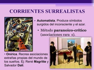 CORRIENTES SURREALISTAS
• Automatista. Produce símbolos
surgidos del inconsciente y el azar.
• Onírica. Recrea asociaciones
extrañas propias del mundo de
los sueños. Ej: René Magritte y
Salvador Dalí.
• Método paranoico-crítico
(asociaciones rara s).
 