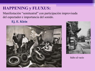 HAPPENING y FLUXUS:
Manifestación “semiteatral” con participación improvisada
del espectador e importancia del sonido.
Ej. E. Klein
Salto al vacio
 