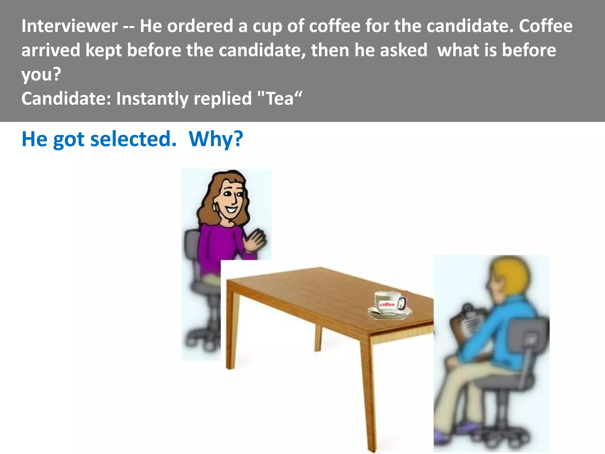 Interviewer -- He ordered a cup of coffee for the candidate. Coffee
arrived kept before the candidate, then he asked what is before
you?
Candidate: Instantly replied "Tea“

He got selected. Why?
 