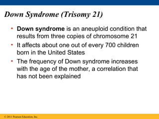 Down Syndrome (Trisomy 21)
• Down syndrome is an aneuploid condition that
results from three copies of chromosome 21
• It affects about one out of every 700 children
born in the United States
• The frequency of Down syndrome increases
with the age of the mother, a correlation that
has not been explained
© 2011 Pearson Education, Inc.
 