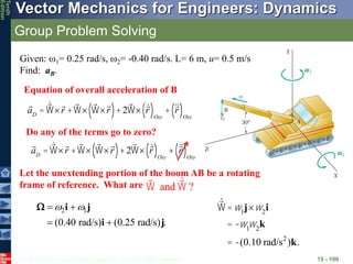 © 2013 The McGraw-Hill Companies, Inc. All rights reserved.
Vector Mechanics for Engineers: Dynamics
Tenth
Edition
Group Problem Solving
15 - 100
Given: 1= 0.25 rad/s, 2= -0.40 rad/s. L= 6 m, u= 0.5 m/s
Find: aB.
Equation of overall acceleration of B
aD
= W´r +W´ W´r
( )+2W´ r
( )Oxy
+ r
( )Oxy
Do any of the terms go to zero?
aD
= W´r +W´ W´r
( )+2W´ r
( )Oxy
+ r
( )Oxy
Let the unextending portion of the boom AB be a rotating
frame of reference. What are W and W ?
2 1
(0.40 rad/s) (0.25 rad/s) .
 
 
 
i j
i j
 W =w1
j´w2
i
= -w1
w2
k
= -(0.10 rad/s2
)k.
 