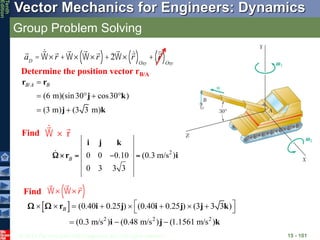 © 2013 The McGraw-Hill Companies, Inc. All rights reserved.
Vector Mechanics for Engineers: Dynamics
Tenth
Edition
Group Problem Solving
15 - 101
Find
aD
= W´r +W´ W´r
( )+2W´ r
( )Oxy
+ r
( )Oxy
W ´ r
Find W´ W´r
( )
 
2 2 2
(0.40 0.25 ) (0.40 0.25 ) (3 3 3 )
(0.3 m/s ) (0.48 m/s ) (1.1561 m/s )
r i j i j j k
i j k
B
 
       
 
  
 
/
(6 m)(sin30 cos30 )
(3 m) (3 3 m)
r r
j k
j k
B A B

   
 
Determine the position vector rB/A
 