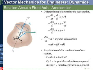 © 2013 The McGraw-Hill Companies, Inc. All rights reserved.
Vector Mechanics for Engineers: Dynamics
Tenth
Edition
Rotation About a Fixed Axis. Acceleration
15 - 11
• Differentiating to determine the acceleration,
 
v
r
dt
d
dt
r
d
r
dt
d
r
dt
d
dt
v
d
a




























•
k
k
k
celeration
angular ac
dt
d


















component
on
accelerati
radial
component
on
accelerati
l
tangentia










r
r
r
r
a

















• Acceleration of P is combination of two
vectors,
 