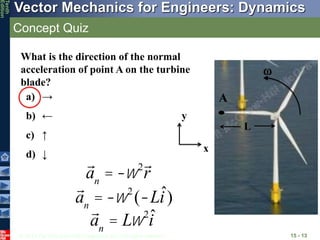 © 2013 The McGraw-Hill Companies, Inc. All rights reserved.
Vector Mechanics for Engineers: Dynamics
Tenth
Edition
Concept Quiz
15 - 13
What is the direction of the normal
acceleration of point A on the turbine
blade?
A
a) →
b) ←
c) ↑
d) ↓
an
= -w2
r
x
y
an
= -w2
(-Lˆ
i)
an
= Lw2ˆ
i

L
 