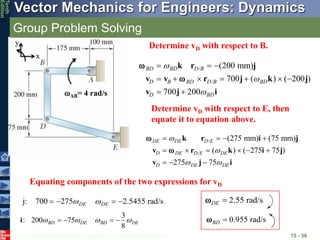 © 2013 The McGraw-Hill Companies, Inc. All rights reserved.
Vector Mechanics for Engineers: Dynamics
Tenth
Edition
Group Problem Solving
15 - 36
Determine vD with respect to B.
AB= 4 rad/s
x
y
/
/
(200 mm)
700 ( ) ( 200 )
700 200
k r j
v v r j k j
v j i
BD BD D B
D B BD D B BD
D BD



  
      
 


/
/
(275 mm) (75 mm)
( ) ( 275 75 )
275 75
k r i j
v r k i j
v j i
DE DE D E
D DE D E DE
D DE DE


 
   
     
  


Determine vD with respect to E, then
equate it to equation above.
Equating components of the two expressions for vD
,
D
v
j: 700 275 2.5455 rad/s
DE DE
 
   
3
: 200 75
8
i BD DE BD DE
   
    0.955 rad/s
BD 

2.55 rad/s
DE 

 