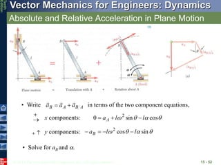 © 2013 The McGraw-Hill Companies, Inc. All rights reserved.
Vector Mechanics for Engineers: Dynamics
Tenth
Edition
Absolute and Relative Acceleration in Plane Motion
15 - 52

 x components: 


 cos
sin
0 2
l
l
aA 



 y components: 


 sin
cos
2
l
l
aB 



• Solve for aB and .
• Write in terms of the two component equations,
A
B
A
B a
a
a





 