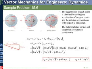 © 2013 The McGraw-Hill Companies, Inc. All rights reserved.
Vector Mechanics for Engineers: Dynamics
Tenth
Edition
Sample Problem 15.6
15 - 57
   
         
     j
i
i
j
j
k
i
r
r
k
a
a
a
a
a
a
a
A
B
A
B
A
n
A
B
t
A
B
A
A
B
A
B

















2
2
2
2
2
2
2
s
m
40
.
6
s
m
2
s
m
3
m
100
.
0
s
rad
8
m
100
.
0
s
rad
20
s
m
3



















    2
2
2
s
m
12
.
8
s
m
40
.
6
m
5 

 B
B a
j
i
s
a



• The acceleration of each point
is obtained by adding the
acceleration of the gear center
and the relative accelerations
with respect to the center.
The latter includes normal and
tangential acceleration
components.
 