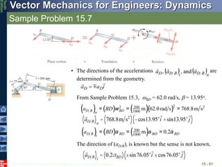 © 2013 The McGraw-Hill Companies, Inc. All rights reserved.
Vector Mechanics for Engineers: Dynamics
Tenth
Edition
Sample Problem 15.7
15 - 61
• The directions of the accelerations are
determined from the geometry.
   n
B
D
t
B
D
D a
a
a



and
,
,
From Sample Problem 15.3, BD = 62.0 rad/s,  = 13.95o.
( ) ( ) ( )( )2
2 2
200
1000
m 62.0rad s 768.8m s
D B BD
n
a BD w
= = =
aD B
( )n
= 768.8m s2
( ) -cos13.95°i +sin13.95°j
( )
( ) ( ) ( )
200
1000
m 0.2
D B BD BD BD
t
a BD a a a
= = =
The direction of (aD/B)t is known but the sense is not known,
aD B
( )t
= 0.2aBD
( ) ±sin76.05°i ±cos76.05°j
( )
i
a
a D
D




 