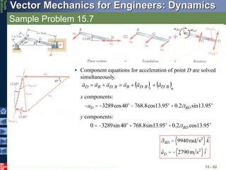 © 2013 The McGraw-Hill Companies, Inc. All rights reserved.
Vector Mechanics for Engineers: Dynamics
Tenth
Edition
Sample Problem 15.7
15 - 62
   n
B
D
t
B
D
B
B
D
B
D a
a
a
a
a
a











• Component equations for acceleration of point D are solved
simultaneously.
x components:
-aD = -3289cos40°-768.8cos13.95°+0.2aBD sin13.95°
0 = -3289sin40°+768.8sin13.95°+0.2aBD cos13.95°
y components:
aBD = 9940rad s2
( )k
aD = - 2790m s2
( )i
 