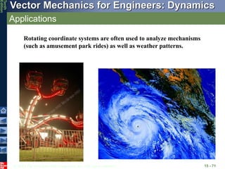 © 2013 The McGraw-Hill Companies, Inc. All rights reserved.
Vector Mechanics for Engineers: Dynamics
Tenth
Edition
Applications
15 - 71
Rotating coordinate systems are often used to analyze mechanisms
(such as amusement park rides) as well as weather patterns.
 