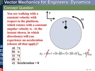 © 2013 The McGraw-Hill Companies, Inc. All rights reserved.
Vector Mechanics for Engineers: Dynamics
Tenth
Edition
Concept Question
15 - 77
v

a) +x
b) -x
c) +y
d) -y
e) Acceleration = 0
You are walking with a
constant velocity with
respect to the platform,
which rotates with a constant
angular velocity w. At the
instant shown, in which
direction(s) will you
experience an acceleration
(choose all that apply)?
x
y
     Oxy
Oxy
P r
r
r
r
a 























 2
 