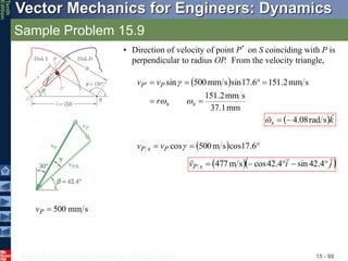 © 2013 The McGraw-Hill Companies, Inc. All rights reserved.
Vector Mechanics for Engineers: Dynamics
Tenth
Edition
Sample Problem 15.9
15 - 80
• Direction of velocity of point P’ on S coinciding with P is
perpendicular to radius OP. From the velocity triangle,
 
mm
1
.
37
s
mm
2
.
151
s
mm
2
.
151
6
.
17
sin
s
mm
500
sin







s
s
P
P
r
v
v



 k
s


s
rad
08
.
4



  

 6
.
17
cos
s
m
500
cos
P
s
P v
v
  
j
i
v s
P







 4
.
42
sin
4
.
42
cos
s
m
477
s
mm
500

P
v
 