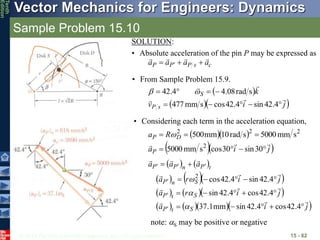 © 2013 The McGraw-Hill Companies, Inc. All rights reserved.
Vector Mechanics for Engineers: Dynamics
Tenth
Edition
Sample Problem 15.10
15 - 82
SOLUTION:
• Absolute acceleration of the pin P may be expressed as
c
s
P
P
P a
a
a
a






 
• From Sample Problem 15.9.
 
  
j
i
v
k
s
P
S














4
.
42
sin
4
.
42
cos
s
mm
477
s
rad
08
.
4
4
.
42 

• Considering each term in the acceleration equation,
  
  
j
i
a
R
a
P
D
P










30
sin
30
cos
s
mm
5000
s
mm
5000
s
rad
10
mm
500
2
2
2
2

   
    
    
     
j
i
a
j
i
r
a
j
i
r
a
a
a
a
S
t
P
S
t
P
S
n
P
t
P
n
P
P



































4
.
42
cos
4
.
42
sin
mm
1
.
37
4
.
42
cos
4
.
42
sin
4
.
42
sin
4
.
42
cos
2



note: S may be positive or negative
 