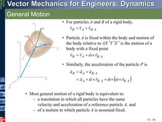 © 2013 The McGraw-Hill Companies, Inc. All rights reserved.
Vector Mechanics for Engineers: Dynamics
Tenth
Edition
General Motion
15 - 89
• For particles A and B of a rigid body,
A
B
A
B v
v
v





• Particle A is fixed within the body and motion of
the body relative to AX’Y’Z’ is the motion of a
body with a fixed point
A
B
A
B r
v
v






 
• Similarly, the acceleration of the particle P is
 
A
B
A
B
A
A
B
A
B
r
r
a
a
a
a




















• Most general motion of a rigid body is equivalent to:
- a translation in which all particles have the same
velocity and acceleration of a reference particle A, and
- of a motion in which particle A is assumed fixed.
 