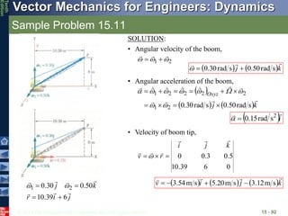 © 2013 The McGraw-Hill Companies, Inc. All rights reserved.
Vector Mechanics for Engineers: Dynamics
Tenth
Edition
Sample Problem 15.11
15 - 92
j
i
r
k
j







6
39
.
10
50
.
0
30
.
0 2
1



 

SOLUTION:
• Angular velocity of the boom,
2
1 







   k
j



s
rad
50
.
0
s
rad
30
.
0 


• Angular acceleration of the boom,
 
   k
j
Oxyz















s
rad
50
.
0
s
rad
30
.
0
2
1
2
2
2
2
1



















 i

 2
s
rad
15
.
0


• Velocity of boom tip,
0
6
39
.
10
5
.
0
3
.
0
0
k
j
i
r
v








 
     k
j
i
v




s
m
12
.
3
s
m
20
.
5
s
m
54
.
3 



 