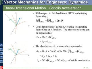 © 2013 The McGraw-Hill Companies, Inc. All rights reserved.
Vector Mechanics for Engineers: Dynamics
Tenth
Edition
Three-Dimensional Motion. Coriolis Acceleration
15 - 94
• With respect to the fixed frame OXYZ and rotating
frame Oxyz,
    Q
Q
Q Oxyz
OXYZ










• Consider motion of particle P relative to a rotating
frame Oxyz or F for short. The absolute velocity can
be expressed as
 
F
P
P
Oxyz
P
v
v
r
r
v














• The absolute acceleration can be expressed as
     
  on
accelerati
Coriolis
2
2
2























F
F
P
Oxyz
c
c
P
p
Oxyz
Oxyz
P
v
r
a
a
a
a
r
r
r
r
a






















 