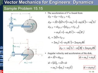 © 2013 The McGraw-Hill Companies, Inc. All rights reserved.
Vector Mechanics for Engineers: Dynamics
Tenth
Edition
Sample Problem 15.15
15 - 98
• The acceleration of P is found from
c
P
P
P a
a
a
a






  F
    i
L
k
L
j
r
aP






 2
1
1
1 



 








 
  j
R
i
R
k
r
a A
P
D
D
P







2
2
2
2 











 F
F
F
  k
R
i
R
j
v
a P
c






2
1
2
1 2
2
2










 F
k
R
j
R
i
L
aP




2
1
2
2
2
1 2 


 



• Angular velocity and acceleration of the disk,
F
D







 k
j



2
1 

 

 
 
k
j
j








2
1
1 











 F
i


2
1

 
 