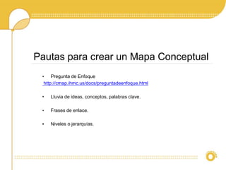 Pautas para crear un Mapa Conceptual
• Pregunta de Enfoque
http://cmap.ihmc.us/docs/preguntadeenfoque.html
• Lluvia de ideas, conceptos, palabras clave.
• Frases de enlace.
• Niveles o jerarquías.
 