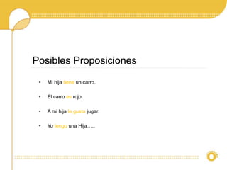 Posibles Proposiciones
• Mi hija tiene un carro.
• El carro es rojo.
• A mi hija le gusta jugar.
• Yo tengo una Hija…..
 