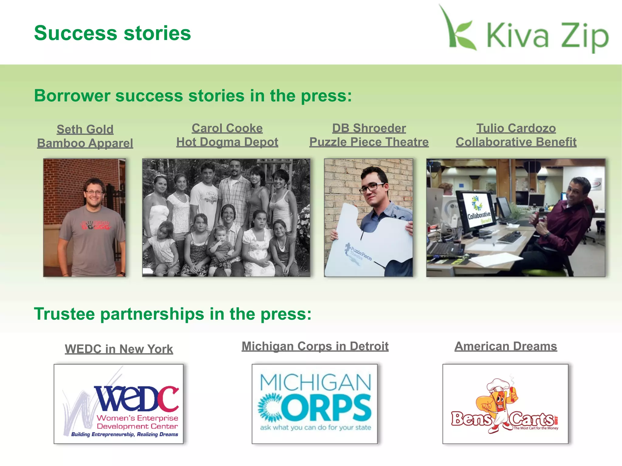Borrower success stories in the press:
Success stories
Carol Cooke
Hot Dogma Depot
Seth Gold
Bamboo Apparel
Tulio Cardozo
Collaborative Benefit
DB Shroeder
Puzzle Piece Theatre
WEDC in New York
Trustee partnerships in the press:
Michigan Corps in Detroit American Dreams
 