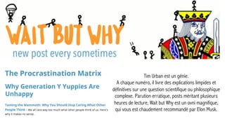 Tim Urban est un génie.
A chaque numéro, il livre des explications limpides et
définitives sur une question scientifique ou philosophique
complexe. Parution erratique, posts méritant plusieurs
heures de lecture, Wait but Why est un ovni magnifique,
qui vous est chaudement recommandé par Elon Musk.
 