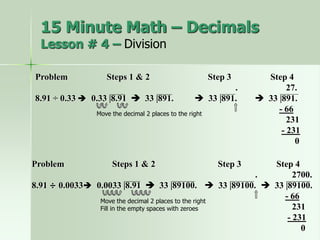 Problem
8.91 ÷ 0.0033
Steps 1 & 2
 0.0033 |8.91  33 |89100.
Step 3
.
 33 |89100.
Step 4
2700.
 33 |89100.
- 66
231
- 231
0
Problem
8.91 ÷ 0.33
Steps 1 & 2
 0.33 |8.91  33 |891.
Step 3
.
 33 |891.
Step 4
27.
 33 |891.
- 66
231
- 231
0
Move the decimal 2 places to the right
Move the decimal 2 places to the right
Fill in the empty spaces with zeroes
15 Minute Math – Decimals
Lesson # 4 – Division
 