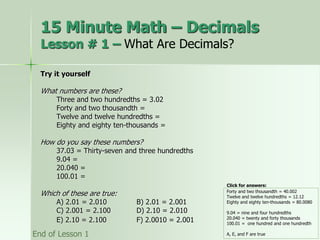 Try it yourself
What numbers are these?
Three and two hundredths = 3.02
Forty and two thousandth =
Twelve and twelve hundredths =
Eighty and eighty ten-thousands =
How do you say these numbers?
37.03 = Thirty-seven and three hundredths
9.04 =
20.040 =
100.01 =
Which of these are true:
A) 2.01 = 2.010 B) 2.01 = 2.001
C) 2.001 = 2.100 D) 2.10 = 2.010
E) 2.10 = 2.100 F) 2.0010 = 2.001
Forty and two thousandth = 40.002
Twelve and twelve hundredths = 12.12
Eighty and eighty ten-thousands = 80.0080
9.04 = nine and four hundredths
20.040 = twenty and forty thousands
100.01 = one hundred and one hundredth
A, E, and F are true
End of Lesson 1
15 Minute Math – Decimals
Lesson # 1 – What Are Decimals?
Click for answers:
 
