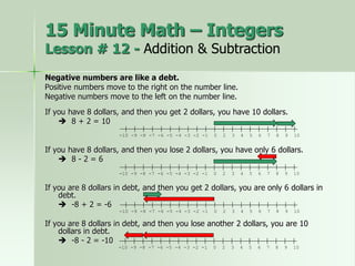 Negative numbers are like a debt.
Positive numbers move to the right on the number line.
Negative numbers move to the left on the number line.
If you have 8 dollars, and then you get 2 dollars, you have 10 dollars.
 8 + 2 = 10
If you have 8 dollars, and then you lose 2 dollars, you have only 6 dollars.
 8 - 2 = 6
If you are 8 dollars in debt, and then you get 2 dollars, you are only 6 dollars in
debt.
 -8 + 2 = -6
If you are 8 dollars in debt, and then you lose another 2 dollars, you are 10
dollars in debt.
 -8 - 2 = -10
15 Minute Math – Integers
Lesson # 12 - Addition & Subtraction
-10 -9 -8 -7 -6 -5 -4 -3 -2 -1 0 2 3 4 5 6 7 8 9 10
-10 -9 -8 -7 -6 -5 -4 -3 -2 -1 0 2 3 4 5 6 7 8 9 10
-10 -9 -8 -7 -6 -5 -4 -3 -2 -1 0 2 3 4 5 6 7 8 9 10
-10 -9 -8 -7 -6 -5 -4 -3 -2 -1 0 2 3 4 5 6 7 8 9 10
 