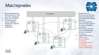 Мастерчейн
1. Доказательство
аутентичности цепочки.
Однозначный алгоритм
для единственно верной
версии РР.
2. Отсутствие влияния
данных внутри цепочки
на логику алгоритма
консенсуса.
3. Возможность расчета
цены компрометации
системы с высокой
точностью.
4. Управляемый доступ
узлов к сети.
5. Использование
российских
сертифицированных
алгоритмов
криптографической
защиты информации.
1. Децентрализованная
депозитарная система
для учета закладных
2. Know Your Customer
3. Распределенный
реестр цифровых
банковских гарантий
4. Цифровой
аккредитив
 