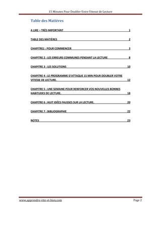 15 Minutes Pour Doubler Votre Vitesse de Lecture
www.apprendre-vite-et-bien.com Page 2
Table des Matières
A LIRE – TRÈS IMPORTANT 1
TABLE DES MATIÈRES 2
CHAPITRE1 : POUR COMMENCER 3
CHAPITRE 2 : LES ERREURS COMMUNES PENDANT LA LECTURE 8
CHAPITRE 3 : LES SOLUTIONS 10
CHAPITRE 4 : LE PROGRAMME D'ATTAQUE 15 MIN POUR DOUBLER VOTRE
VITESSE DE LECTURE. 12
CHAPITRE 5 : UNE SEMAINE POUR RENFORCER VOS NOUVELLES BONNES
HABITUDES DE LECTURE. 18
CHAPITRE 6 : HUIT IDÉES FAUSSES SUR LA LECTURE. 20
CHAPITRE 7 : BIBLIOGRAPHIE 22
NOTES 23
 