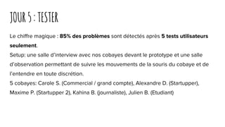 JOUR5:TESTER
Le chiffre magique : 85% des problèmes sont détectés après 5 tests utilisateurs
seulement.
Setup: une salle d’interview avec nos cobayes devant le prototype et une salle
d’observation permettant de suivre les mouvements de la souris du cobaye et de
l’entendre en toute discrétion.
5 cobayes: Carole S. (Commercial / grand compte), Alexandre D. (Startupper),
Maxime P. (Startupper 2), Kahina B. (journaliste), Julien B. (Etudiant)
 