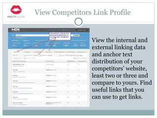 View Competitors Link Profile
View the internal and
external linking data
and anchor text
distribution of your
competitors’ website,
least two or three and
compare to yours. Find
useful links that you
can use to get links.
 