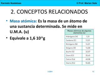 Karmelo Ikastetxea © Prof. Marian Sola
2. CONCEPTOS RELACIONADOS
• Masa atómica: Es la masa de un átomo de
una sustancia determinada. Se mide en
U.M.A. (u)
• Equivale a 1,6 10-24
g
3.DBH 10
 