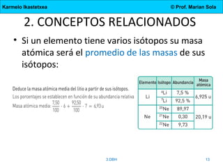 Karmelo Ikastetxea © Prof. Marian Sola
2. CONCEPTOS RELACIONADOS
3.DBH 13
• Si un elemento tiene varios isótopos su masa
atómica será el promedio de las masas de sus
isótopos:
 