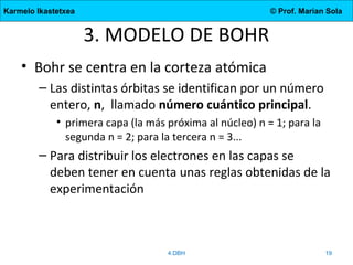 Karmelo Ikastetxea © Prof. Marian Sola
3. MODELO DE BOHR
• Bohr se centra en la corteza atómica
– Las distintas órbitas se identifican por un número
entero, n, llamado número cuántico principal.
• primera capa (la más próxima al núcleo) n = 1; para la
segunda n = 2; para la tercera n = 3...
– Para distribuir los electrones en las capas se
deben tener en cuenta unas reglas obtenidas de la
experimentación
4.DBH 19
 