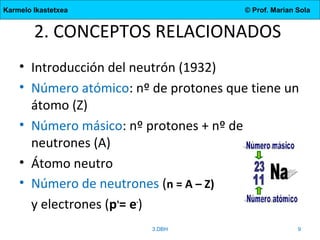Karmelo Ikastetxea © Prof. Marian Sola
2. CONCEPTOS RELACIONADOS
• Introducción del neutrón (1932)
• Número atómico: nº de protones que tiene un
átomo (Z)
• Número másico: nº protones + nº de
neutrones (A)
• Átomo neutro
• Número de neutrones (n = A – Z)
y electrones (p+
= e-
)
3.DBH 9
 