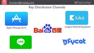Key Distribution Channels
founders@mojilala.com @MojiLaLaApp
Apple iMessage Store Largest Android Keyboard
 