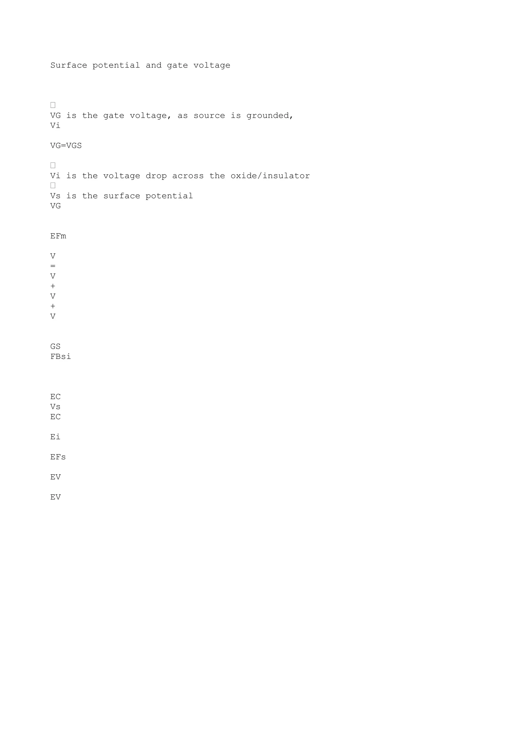 Surface potential and gate voltage
•
VG is the gate voltage, as source is grounded,
Vi
VG=VGS
•
Vi is the voltage drop across the oxide/insulator
•
Vs is the surface potential
VG
EFm
V
=
V
+
V
+
V
GS
FBsi
EC
Vs
EC
Ei
EFs
EV
EV
 