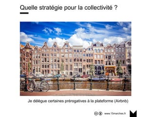 www.15marches.fr
Quelle stratégie pour la collectivité ?
Je délègue certaines prérogatives à la plateforme (Airbnb)
 