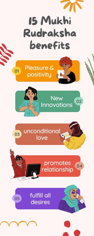New
Innovations
Pleasure &
positivity
unconditional
love
15 Mukhi
Rudraksha
benefits
01
02
03
promotes
relationship
04
fulfill all
desires
05
 