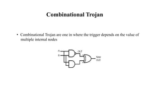 Combinational Trojan
• Combinational Trojan are one in where the trigger depends on the value of
multiple internal nodes
 