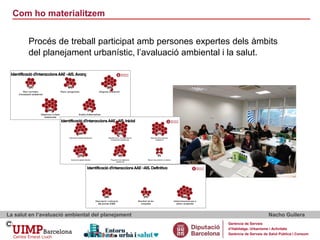 Com ho materialitzem
La salut en l’avaluació ambiental del planejament Nacho Guilera
Gerència de Serveis
d’Habitatge, Urbanisme i Activitats
Gerència de Serveis de Salut Pública i Consum
Procés de treball participat amb persones expertes dels àmbits
del planejament urbanístic, l’avaluació ambiental i la salut.
 