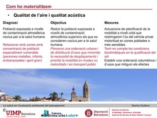 Com ho materialitzem
La salut en l’avaluació ambiental del planejament Nacho Guilera
Gerència de Serveis
d’Habitatge, Urbanisme i Activitats
Gerència de Serveis de Salut Pública i Consum
• Qualitat de l’aire i qualitat acústica
Diagnosi Objectius Mesures
Població exposada a nivells
de contaminació atmosfèrica
nocius per a la salut humana
Relacionar amb zones amb
concentració de població
especialment vulnerable
(persones malaltes, infants,
embarassades i gent gran)
Reduir la població exposada a
nivells de contaminació
atmosfèrica superiors als que es
consideren nocius per a la salut
humana.
Preveure una ordenació urbana i
de distribució d’usos que minimitzi
la necessitat de desplaçaments i
prioritzi la mobilitat en modes no
motoritzats i en transport públic
Actuacions de planificació de la
mobilitat a nivell urbà que
restringeixin l’ús del vehicle privat
motoritzat en zones poblades o
més sensibles
Tenir en compte les condicions
bioclimàtiques en la qualificació del
sòl
Establir una ordenació volumètrica i
d’usos que mitiguin els efectes
 