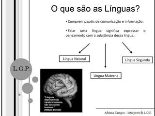 O que são as Línguas?
• Cumprem papéis de comunicação e informação;
• Falar uma língua significa expressar
pensamento com a substância dessa língua;

Língua Natural

o

Língua Segunda

Língua Materna

 