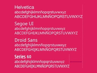Helvetica
abcdefghijklmnñopqrstuvwxyz
ABCDEFGHIJKLMNÑOPQRSTUVWXYZ
Segoe UI
abcdefghijklmnñopqrstuvwxyz
ABCDEFGHIJKLMNÑOPQRSTUVWXYZ
Droid Sans
abcdefghijklmnñopqrstuvwxyz
ABCDEFGHIJKLMNÑOPQRSTUVWXYZ
Series 60
abcdefghijklmnñopqrstuvwxyz
ABCDEFGHIJKLMNÑOPQRSTUVWXYZ
 