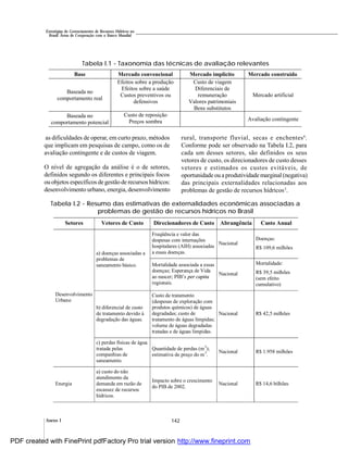 142Anexo I
Estratégias de Gerenciamento de Recursos Hídricos no
Brasil: Áreas de Cooperação com o Banco Mundial
as dificuldades de operar, em curto prazo, métodos
que implicam em pesquisas de campo, como os de
avaliação contingente e de custos de viagem.
O nível de agregação da análise é o de setores,
definidos segundo os diferentes e principais focos
ou objetos específicos de gestãode recursos hídricos:
desenvolvimento urbano, energia, desenvolvimento
rural, transporte fluvial, secas e enchentes4
.
Conforme pode ser observado na Tabela I.2, para
cada um desses setores, são definidos os seus
vetores de custo, os direcionadores de custo desses
vetores e estimados os custos evitáveis, de
oportunidade ou a produtividade marginal (negativa)
das principais externalidades relacionadas aos
problemas de gestão de recursos hídricos5
.
Tabela I.2 - Resumo das estimativas de externalidades econômicas associadas a
problemas de gestão de recursos hídricos no Brasil
Tabela I.1 - Taxonomia das técnicas de avaliação relevantes
Base Mercado convencional Mercado implícito Mercado construído
Baseada no
comportamento real
Efeitos sobre a produção
Efeitos sobre a saúde
Custos preventivos ou
defensivos
Custo de viagem
Diferenciais de
remuneração
Valores patrimoniais
Bens substitutos
Mercado artificial
Baseada no
comportamento potencial
Custo de reposição
Preços sombra Avaliação contingente
Setores Vetores de Custo Direcionadores de Custo Abrangência Custo Anual
Freqüência e valor das
despesas com internações
hospitalares (AIH) associadas
a essas doenças.
Nacional
Doenças:
R$ 109,6 milhões
a) doenças associadas a
problemas de
saneamento básico. Mortalidade associada a essas
doenças; Esperança de Vida
ao nascer; PIB’s per capita
regionais.
Nacional
Mortalidade:
R$ 39,5 milhões
(sem efeito
cumulativo)
b) diferencial de custo
de tratamento devido à
degradação das águas.
Custo de tratamento
(despesas de exploração com
produtos químicos) de águas
degradadas; custo de
tratamento de águas límpidas;
volume de águas degradadas
tratadas e de águas límpidas.
Nacional R$ 42,5 milhões
Desenvolvimento
Urbano
c) perdas físicas de água
tratada pelas
companhias de
saneamento.
Quantidade de perdas (m3
);
estimativa de preço do m3
.
Nacional R$ 1.958 milhões
Energia
a) custo do não
atendimento da
demanda em razão de
escassez de recursos
hídricos.
Impacto sobre o crescimento
do PIB de 2002.
Nacional R$ 14,6 bilhões
PDF created with FinePrint pdfFactory Pro trial version http://www.fineprint.com
 
