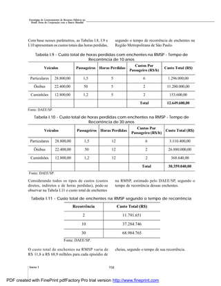 158Anexo I
Estratégias de Gerenciamento de Recursos Hídricos no
Brasil: Áreas de Cooperação com o Banco Mundial
Com base nesses parâmetros, as Tabelas I.8, I.9 e
I.10 apresentam os custos totais das horas perdidas,
Tabela I.9 - Custo total de horas perdidas com enchentes na RMSP - Tempo de
Recorrência de 10 anos
Tabela I.10 - Custo total de horas perdidas com enchentes na RMSP - Tempo de
Recorrência de 30 anos
na RMSP, estimado pelo DAEE/SP, segundo o
tempo de recorrência dessas enchentes.
segundo o tempo de recorrência de enchentes na
Região Metropolitana de São Paulo.
Tabela I.11 - Custo total de enchentes na RMSP segundo o tempo de recorrência
Considerando todos os tipos de custos (custos
diretos, indiretos e de horas perdidas), pode-se
observar na Tabela I.11 o custo total de enchentes
O custo total de enchentes na RMSP varia de
R$ 11,8 a R$ 68,9 milhões para cada episódio de
cheias, segundo o tempo de sua recorrência.
Veículos Passageiros Horas Perdidas
Custos Por
Passageiro (R$/h)
Custo Total (R$)
Particulares 28.800,00 1,5 5 6 1.296.000,00
Ônibus 22.400,00 50 5 2 11.200.000,00
Caminhões 12.800,00 1,2 5 2 153.600,00
Total 12.649.600,00
Fonte: DAEE/SP.
Veículos Passageiros Horas Perdidas
Custos Por
Passageiro (R$/h)
Custo Total (R$)
Particulares 28.800,00 1,5 12 6 3.110.400,00
Ônibus 22.400,00 50 12 2 26.880.000,00
Caminhões 12.800,00 1,2 12 2 368.640,00
Total 30.359.040,00
Fonte: DAEE/SP.
Recorrência Custo Total (R$)
2 11.791.651
10 37.284.746
30 68.984.765
Fonte: DAEE/SP.
PDF created with FinePrint pdfFactory Pro trial version http://www.fineprint.com
 