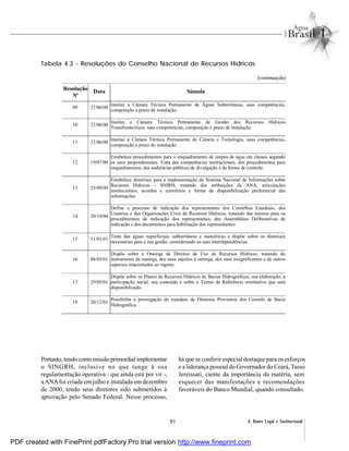 91 4. Bases Legal e Institucional
Tabela 4.3 - Resoluções do Conselho Nacional de Recursos Hídricos
(continuação)
Portanto, tendocomo missãoprimordialimplementar
o SINGRH, inclusive no que tange à sua
regulamentação operativa - que ainda está por vir -,
aANAfoi criada em julho e instalada em dezembro
de 2000, tendo seus diretores sido submetidos à
aprovação pelo Senado Federal. Nesse processo,
há que se conferir especial destaque para os esforços
e a liderança pessoal do Governador do Ceará,Tasso
Jereissati, ciente da importância da matéria, sem
esquecer das manifestações e recomendações
favoráveis do Banco Mundial, quando consultado.
Resolução
Nº
Data Súmula
09 21/06/00
Institui a Câmara Técnica Permanente de Águas Subterrâneas, suas competências,
composição e prazo de instalação.
10 21/06/00
Institui a Câmara Técnica Permanente de Gestão dos Recursos Hídricos
Transfronteiriços, suas competências, composição e prazo de instalação.
11 21/06/00
Institui a Câmara Técnica Permanente de Ciência e Tecnologia, suas competências,
composição e prazo de instalação.
12 19/07/00
Estabelece procedimentos para o enquadramento de corpos de água em classes segundo
os usos preponderantes. Trata das competências institucionais, dos procedimentos para
enquadramento, das audiências públicas de divulgação e da forma de controle.
13 25/09/00
Estabelece diretrizes para a implementação do Sistema Nacional de Informações sobre
Recursos Hídricos - SNIRH, tratando das atribuições da ANA, articulações
institucionais, acordos e convênios e forma de disponibilização preferencial das
informações.
14 20/10/00
Define o processo de indicação dos representantes dos Conselhos Estaduais, dos
Usuários e das Organizações Civis de Recursos Hídricos, tratando das normas para os
procedimentos de indicação dos representantes, das Assembléias Deliberativas de
indicação e dos documentos para habilitação dos representantes.
15 11/01/01
Trata das águas superficiais, subterrâneas e meteóricas e dispõe sobre as diretrizes
necessárias para a sua gestão, considerando as suas interdependências.
16 08/05/01
Dispõe sobre a Outorga de Direitos de Uso de Recursos Hídricos, tratando do
instrumento da outorga, dos usos sujeitos à outorga, dos usos insignificantes e de outros
aspectos relacionados ao regime.
17 29/05/01
Dispõe sobre os Planos de Recursos Hídricos de Bacias Hidrográficas, sua elaboração, a
participação social, seu conteúdo e sobre o Termo de Referência orientativo que será
disponibilizado.
18 20/12/01
Possibilita a prorrogação do mandato da Diretoria Provisória dos Comitês de Bacia
Hidrográfica.
Resolução
Nº
Data Súmula
PDF created with FinePrint pdfFactory Pro trial version http://www.fineprint.com
 